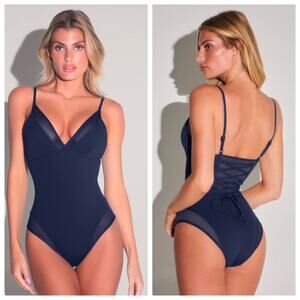 TA3 Midnight Plunge Mesh Contour Lace Up One Piece NWT Small X Long
